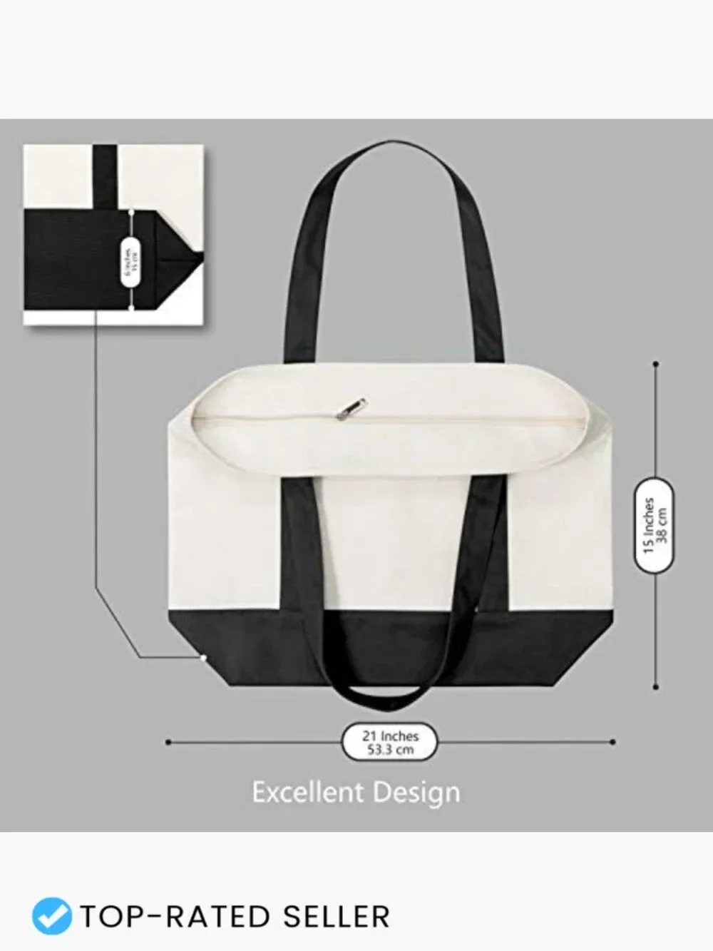 Canvas Tote Bag with External Pocket Reusable Grocery Shopping Top Zipper